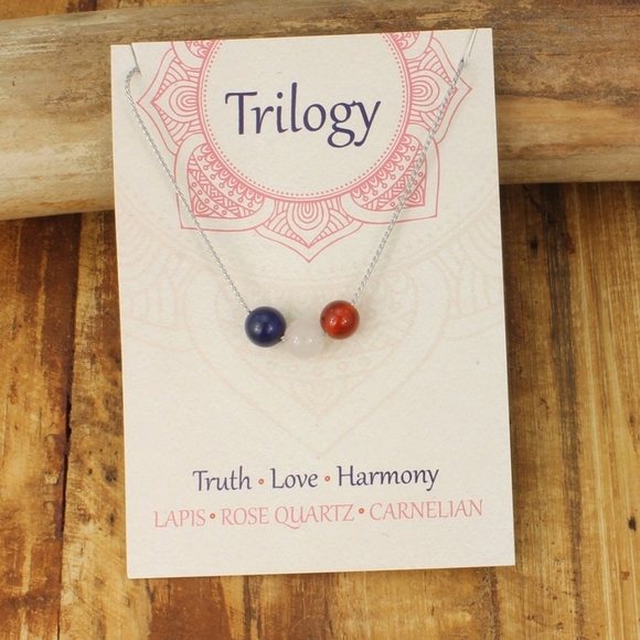 Trilogy Healing Round Stone Necklace Lapis Rose Quartz Carnelian Beads - Picture 2 of 3